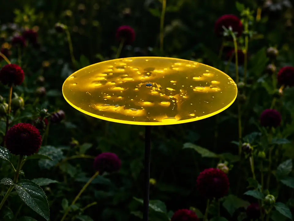 Gelber Cazador-del-sol Sonnenfänger mit Wassertropfen im Garten